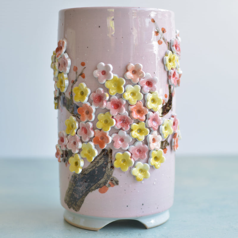 Tall Pink Handmade Ceramic Succulent Pot with Orange and Yellow Flower Bonsai Tree Approximately 4.5" Wide x 8.5" Tall