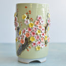 Tall Green Handmade Ceramic Succulent Pot with Orange and Yellow Flower Bonsai Tree Approximately 4.5" Wide x 8.5" Tall