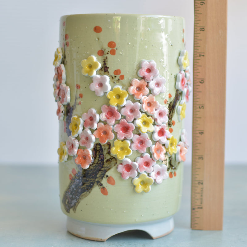 Tall Green Handmade Ceramic Succulent Pot with Orange and Yellow Flower Bonsai Tree Approximately 4.5" Wide x 8.5" Tall