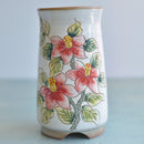 Tall Handmade Ceramic Succulent Pot with Red Flower Branch Approximately 3.5" Wide x 7" Tall