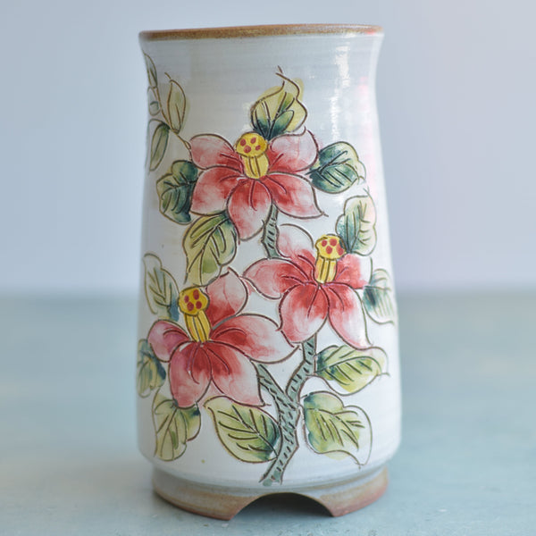 Tall Handmade Ceramic Succulent Pot with Red Flower Branch Approximately 3.5" Wide x 7" Tall