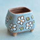 Light Blue Handmade Ceramic Small Succulent Pot with Flowers Approximately 2"