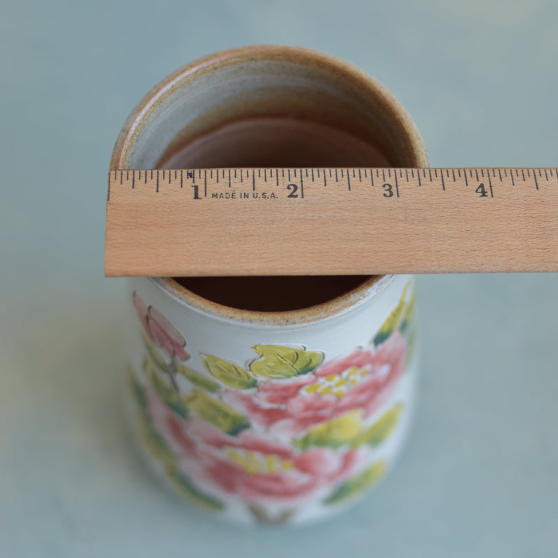Tall Handmade Ceramic Succulent Pot with Red Flower Branch Approximately 3.5" Wide x 7" Tall