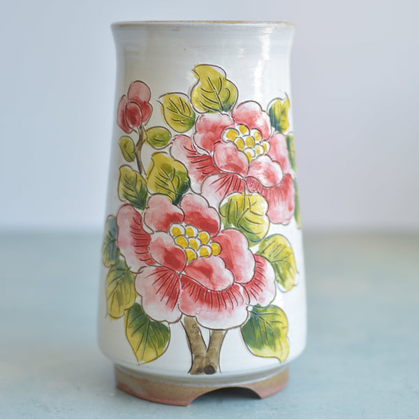 Tall Handmade Ceramic Succulent Pot with Red Flower Branch Approximately 3.5" Wide x 7" Tall