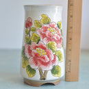 Tall Handmade Ceramic Succulent Pot with Red Flower Branch Approximately 3.5" Wide x 7" Tall