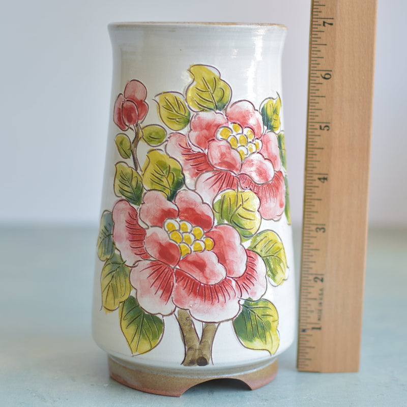 Tall Handmade Ceramic Succulent Pot with Red Flower Branch Approximately 3.5" Wide x 7" Tall