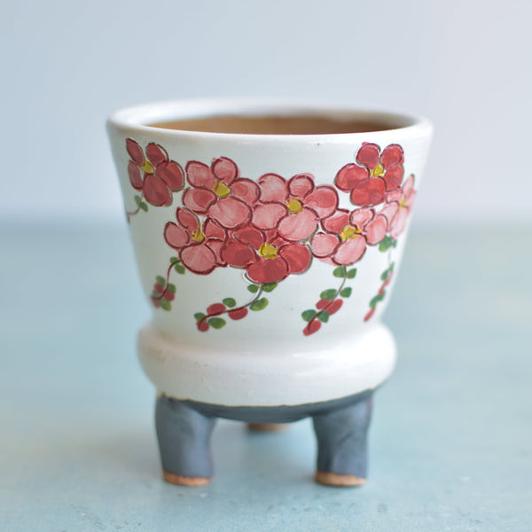 Handmade White Ceramic Succulent Pot with Red Flowers Approximately 3.5"