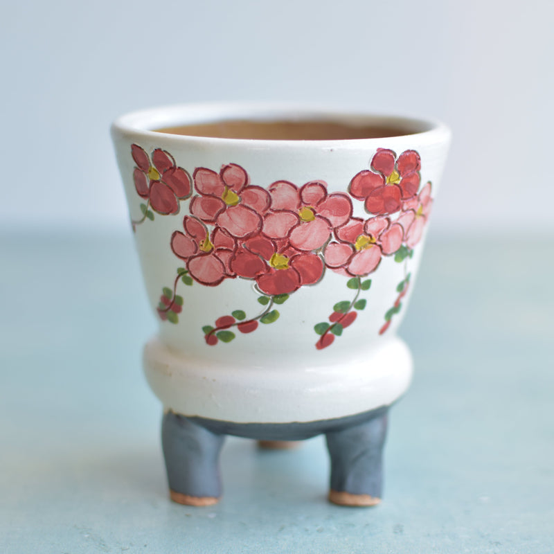 Handmade White Ceramic Succulent Pot with Red Flowers Approximately 3.5"