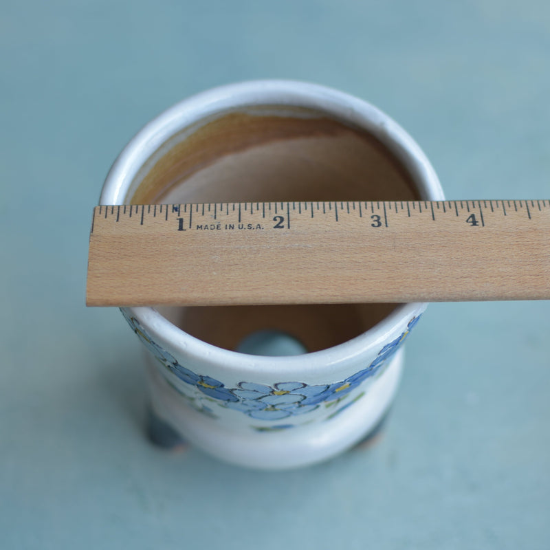 Handmade White Ceramic Succulent Pot with Bluew Flowers Approximately 3.5"