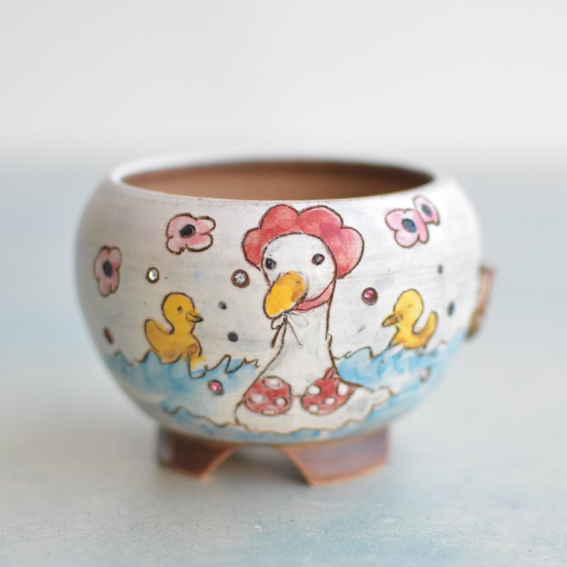 Hand Painted Ceramic Succulent Pot- Duck in Bath Design and Inlaid Faux Diamonds Approximately 2"-3" (Hongci Studio Korea)