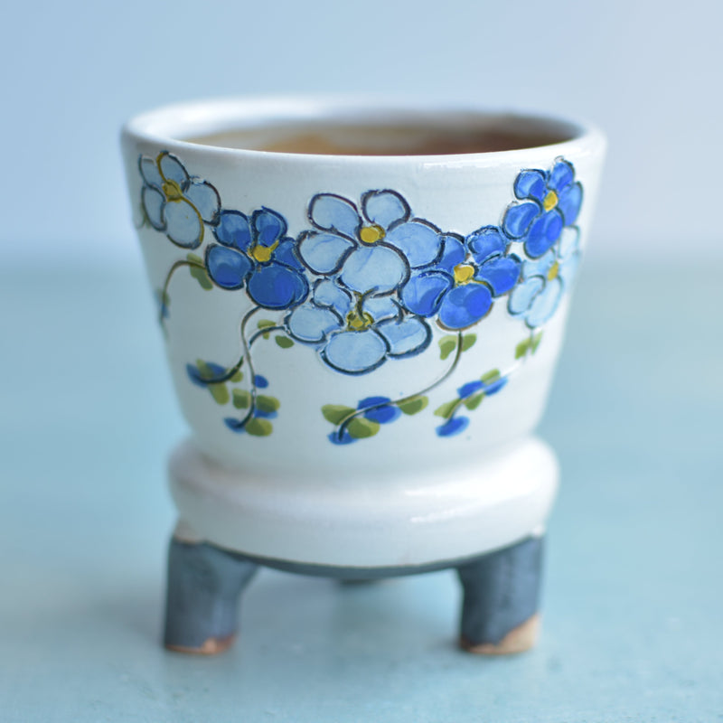 Handmade White Ceramic Succulent Pot with Bluew Flowers Approximately 3.5"