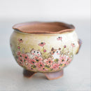 Hand Painted Ceramic Succulent Pot- Cats in Flowers Design and Inlaid Faux Diamonds Approximately 2"-3" (Hongci Studio Korea)