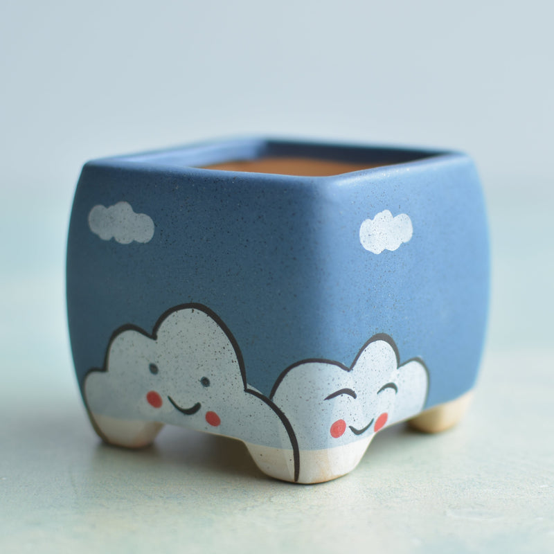 Dark Blue Ceramic Succulent Pot with Smiling Cloud Design Approximately 2"