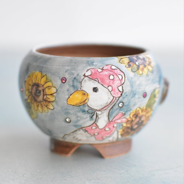 Hand Painted Ceramic Succulent Pot- Duck with Hat Design and Inlaid Faux Diamonds Approximately 2"-3" (Hongci Studio Korea)
