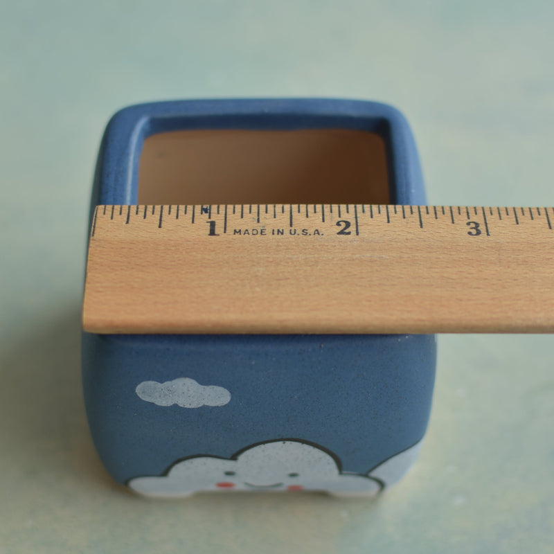 Dark Blue Ceramic Succulent Pot with Smiling Cloud Design Approximately 2"
