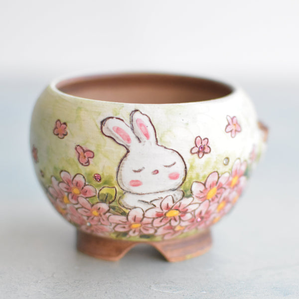 Hand Painted Ceramic Succulent Pot- Rabbit in Flowers Design and Inlaid Faux Diamonds Approximately 2"-3" (Hongci Studio Korea)