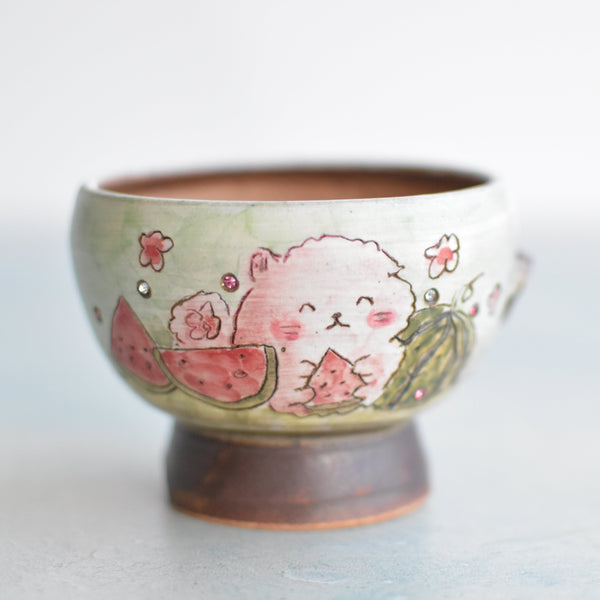 Hand Painted Ceramic Succulent Pot- Animal Eating Watermelon Design and Inlaid Faux Diamonds Approximately 2"-3" (Hongci Studio Korea)