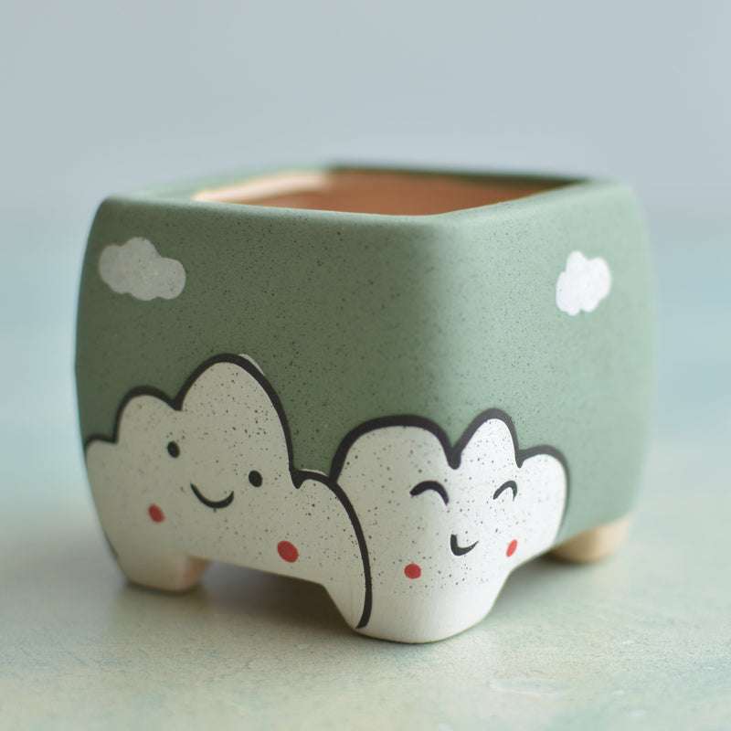 Green Ceramic Succulent Pot with Smiling Cloud Design Approximately 2"
