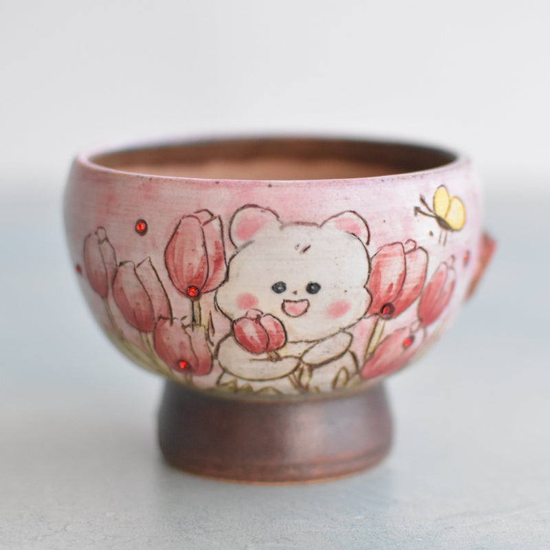 Hand Painted Ceramic Succulent Pot- Animal with Tulips Design and Inlaid Faux Diamonds Approximately 2"-3" (Hongci Studio Korea)