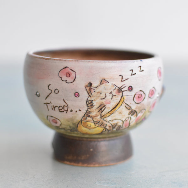 Hand Painted Ceramic Succulent Pot- Sleeping Cat Design and Inlaid Faux Diamonds Approximately 2"-3" (Hongci Studio Korea)