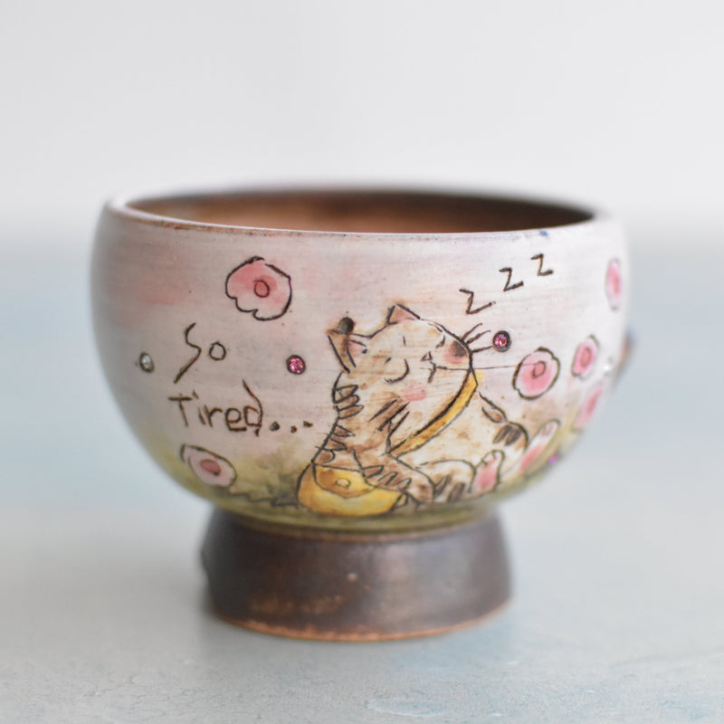 Hand Painted Ceramic Succulent Pot- Sleeping Cat Design and Inlaid Faux Diamonds Approximately 2"-3" (Hongci Studio Korea)