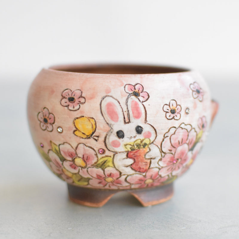 Hand Painted Ceramic Succulent Pot- Rabbit with Carrot Design and Inlaid Faux Diamonds Approximately 2"-3" (Hongci Studio Korea)