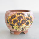 Hand Painted Ceramic Succulent Pot- Cat and Rabbit Sunflower Design and Inlaid Faux Diamonds Approximately 2"-3" (Hongci Studio Korea)
