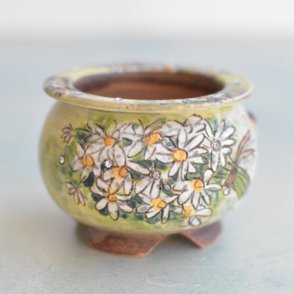 Hand Painted Ceramic Succulent Pot- White Flower Design and Inlaid Faux Diamonds Approximately 2"-3" (Hongci Studio Korea)