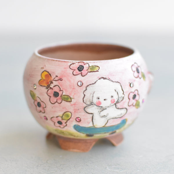 Hand Painted Ceramic Succulent Pot- Dog on Skateboard Design and Inlaid Faux Diamonds Approximately 2"-3" (Hongci Studio Korea)