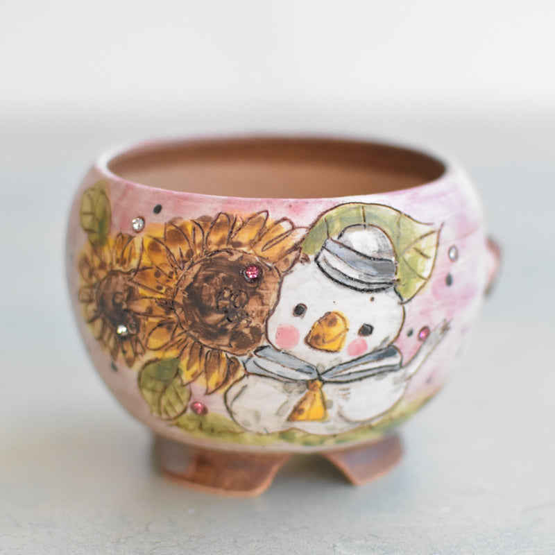 Hand Painted Ceramic Succulent Pot- Sailor Bird Design and Inlaid Faux Diamonds Approximately 2"-3" (Hongci Studio Korea)