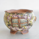 Hand Painted Ceramic Succulent Pot- Window Flower Design and Inlaid Faux Diamonds Approximately 2"-3" (Hongci Studio Korea)