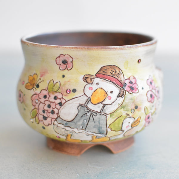 Hand Painted Ceramic Succulent Pot- Duck in Hat Design and Inlaid Faux Diamonds Approximately 4" (Hongci Studio Korea)
