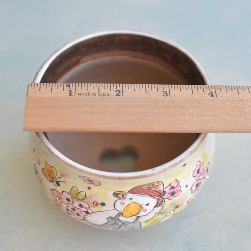 Hand Painted Ceramic Succulent Pot- Duck in Hat Design and Inlaid Faux Diamonds Approximately 4" (Hongci Studio Korea)