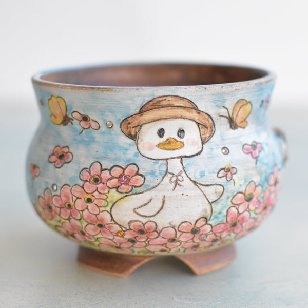 Hand Painted Ceramic Succulent Pot- Duck in Hat Design and Inlaid Faux Diamonds Approximately 4" (Hongci Studio Korea)