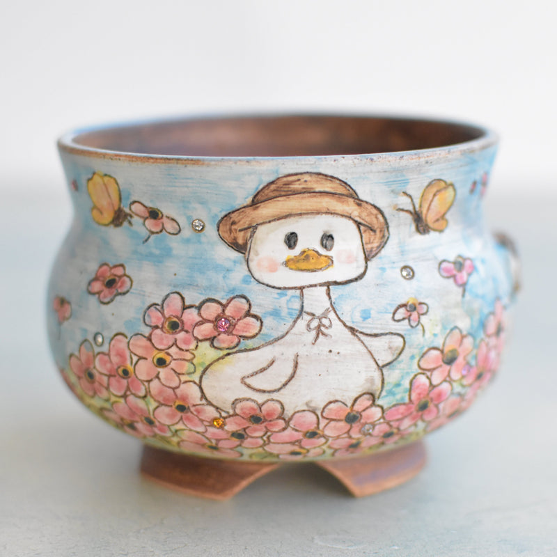 Hand Painted Ceramic Succulent Pot- Duck in Hat Design and Inlaid Faux Diamonds Approximately 4" (Hongci Studio Korea)