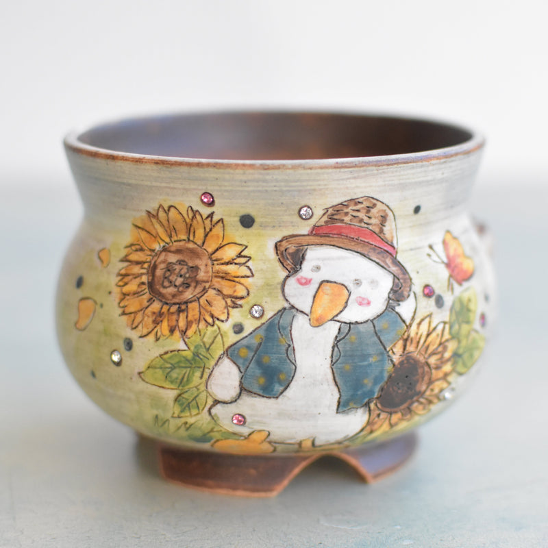 Hand Painted Ceramic Succulent Pot- Duck in Hat Design and Inlaid Faux Diamonds Approximately 4" (Hongci Studio Korea)