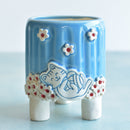 Sky Blue Handmade Ceramic Succulent Pot with Cat and Flowers Approximately 3.5”