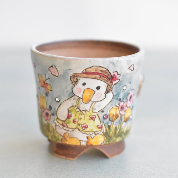 Hand Painted Ceramic Succulent Pot- Duck in Hat Design and Inlaid Faux Diamonds Approximately 2"-3" (Hongci Studio Korea)