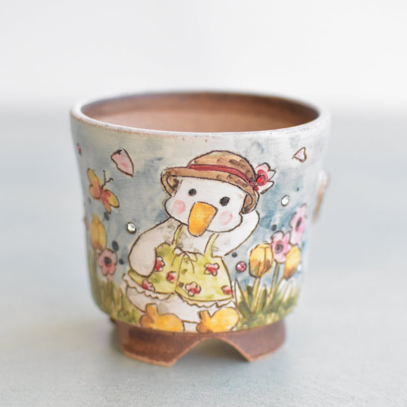 Hand Painted Ceramic Succulent Pot- Duck in Hat Design and Inlaid Faux Diamonds Approximately 2"-3" (Hongci Studio Korea)