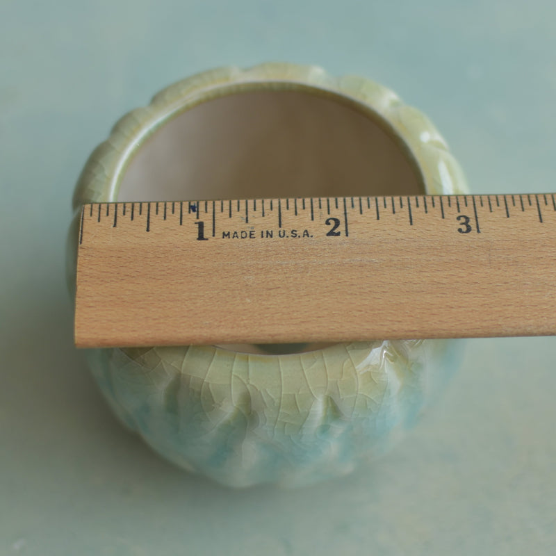 Light Blue and Green Crackle Glazed Ceramic Succulent Pot with Grooves Approximately 2.5"