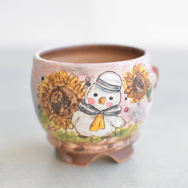 Hand Painted Ceramic Succulent Pot- Sailor Bird Design and Inlaid Faux Diamonds Approximately 2'-3" (Hongci Studio Korea)