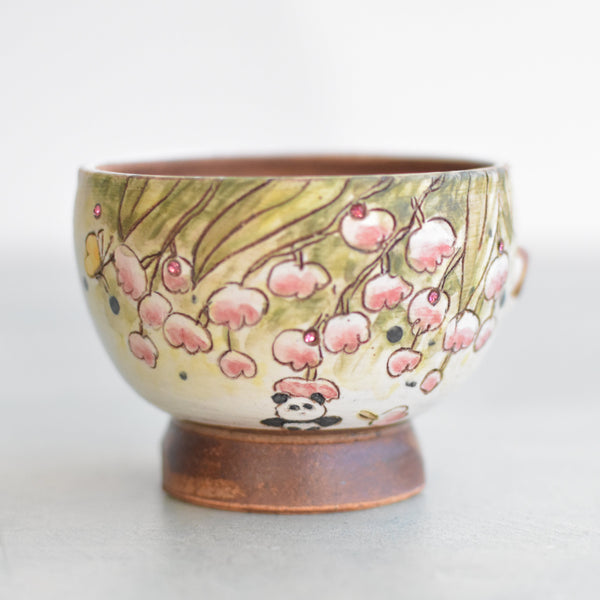 Hand Painted Ceramic Succulent Pot- Panda and Flower Design and Inlaid Faux Diamonds Approximately 2"-3" (Hongci Studio Korea)