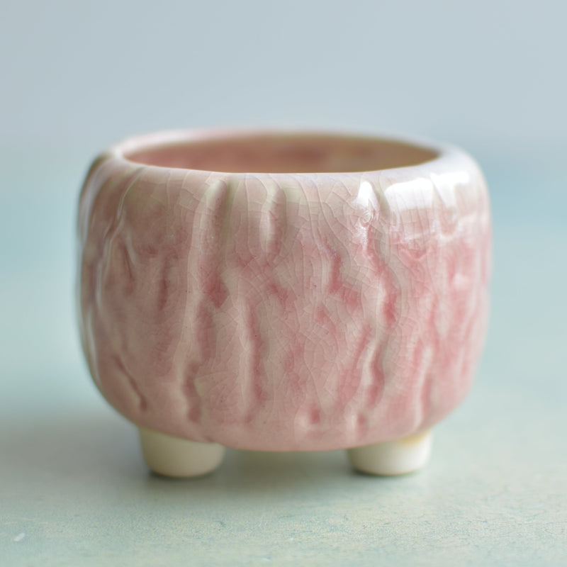 Pink Crackle Glazed Ceramic Succulent Pot with Grooves Approximately 2.5"