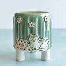 Green Handmade Ceramic Succulent Pot with Cat and Flowers Approximately 3.5”