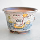 Hand Painted Ceramic Succulent Pot- Dog and Duck Swimming Design and Inlaid Faux Diamonds Approximately 5" (Hongci Studio Korea)