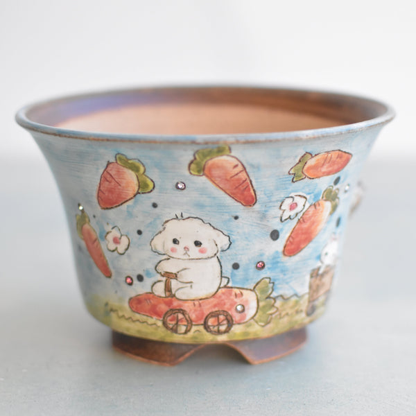 Hand Painted Ceramic Succulent Pot- Dog Driving Carrot Car Design and Inlaid Faux Diamonds Approximately 5" (Hongci Studio Korea)