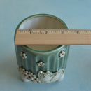 Green Handmade Ceramic Succulent Pot with Cat and Flowers Approximately 3.5”