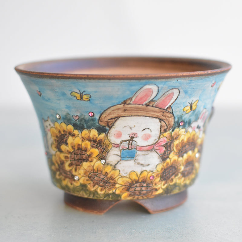 Hand Painted Ceramic Succulent Pot- Rabbit in Sunflower Field and Inlaid Faux Diamonds Approximately 5" (Hongci Studio Korea)