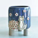Cobalt Blue Handmade Ceramic Succulent Pot with Cat and Flowers Approximately 3.5”