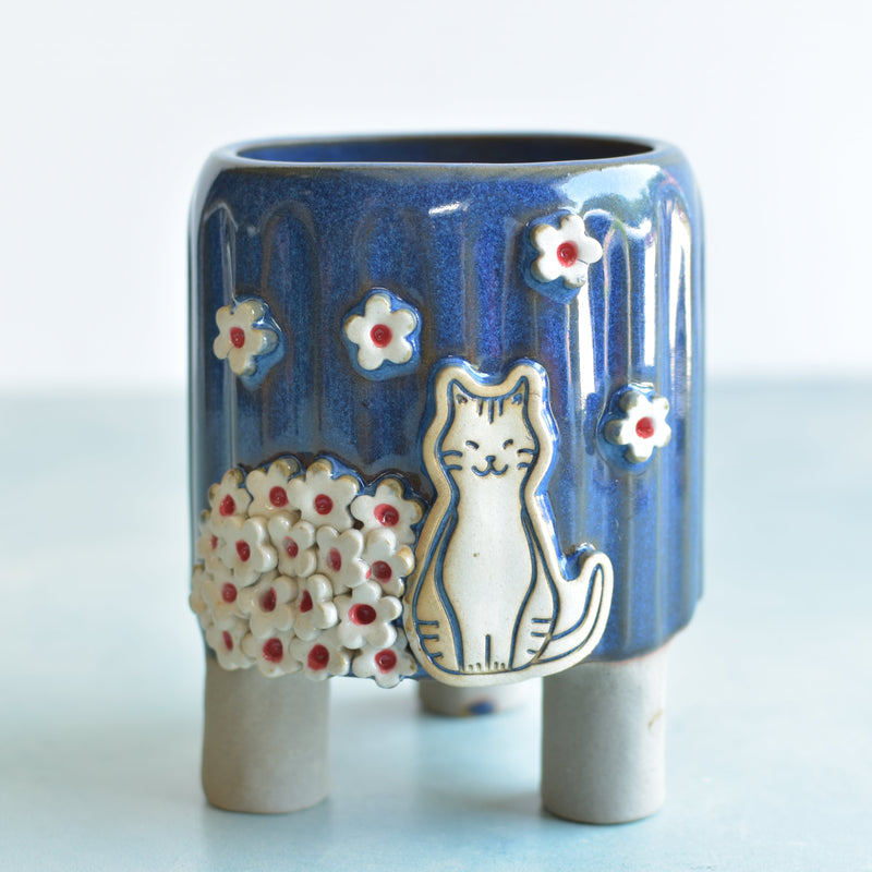 Cobalt Blue Handmade Ceramic Succulent Pot with Cat and Flowers Approximately 3.5”
